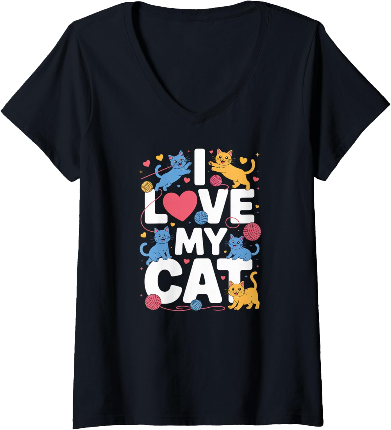 Womens I Love My Cat Cute Kittens Heart Yarn V-Neck