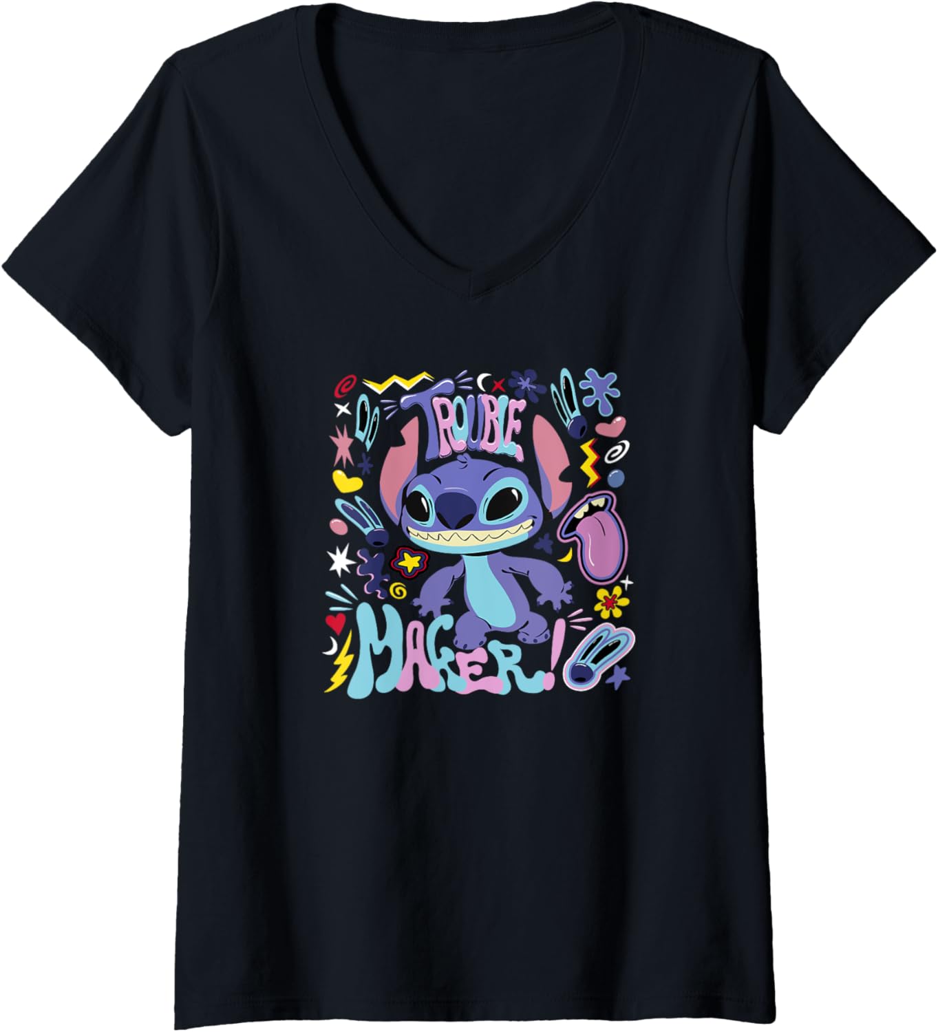Disney Lilo & Stitch Trouble Maker Stitch Collage V-Neck