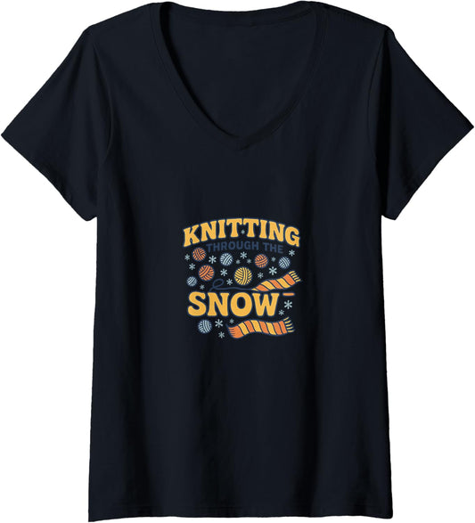 Womens Knitting Through The Snow Funny Christmas Yarn Holiday V-Neck
