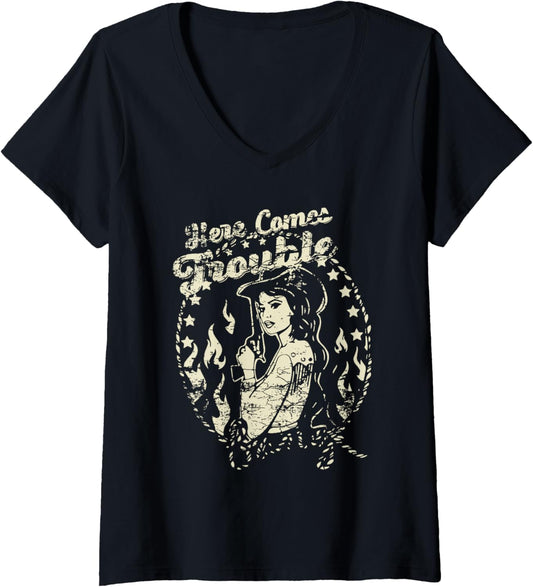 Womens Here Comes Trouble Funny Troublemaker Cowgirls V-Neck