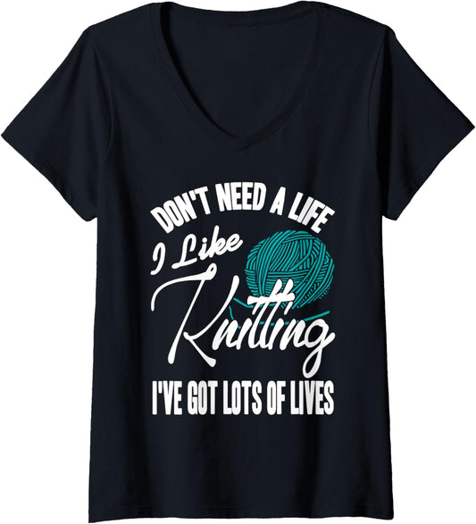 Womens Knitting Fuels My Days Funny Yarn Lover Statement V-Neck