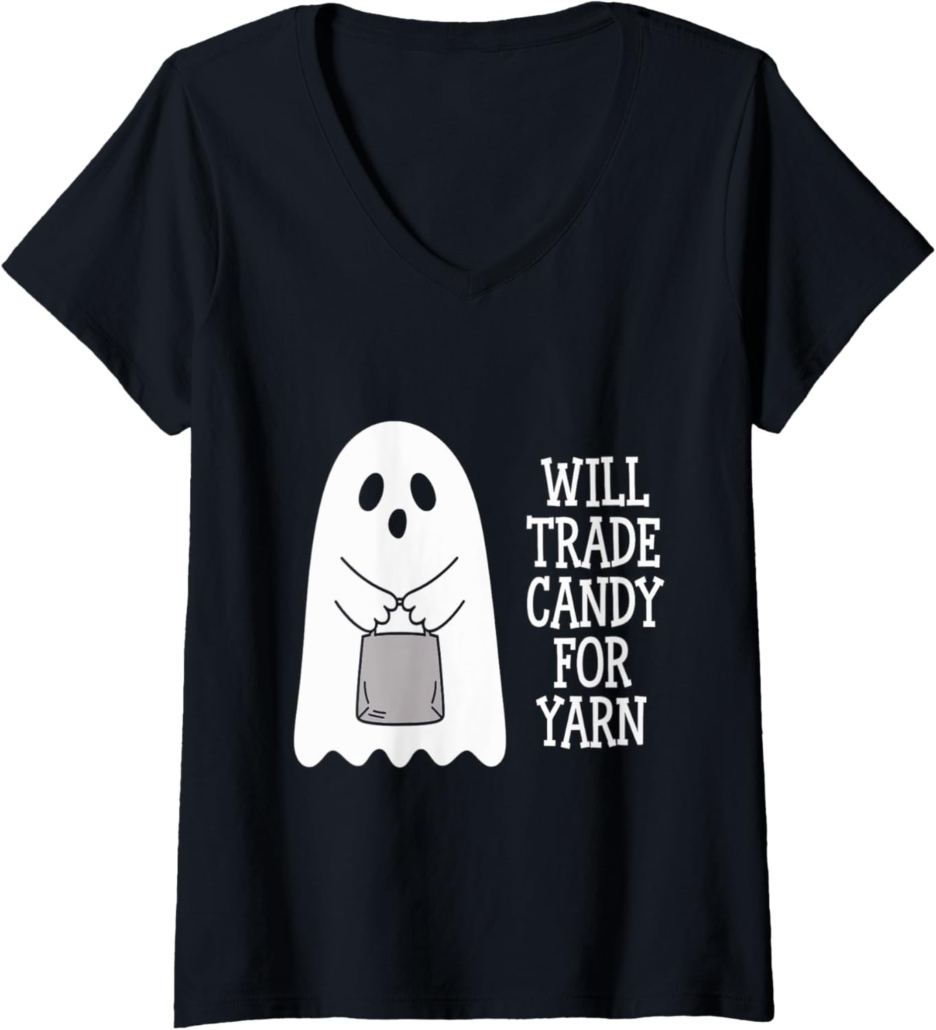 Womens Will Trade Candy For Yarn Ghost Bats Halloween V-Neck
