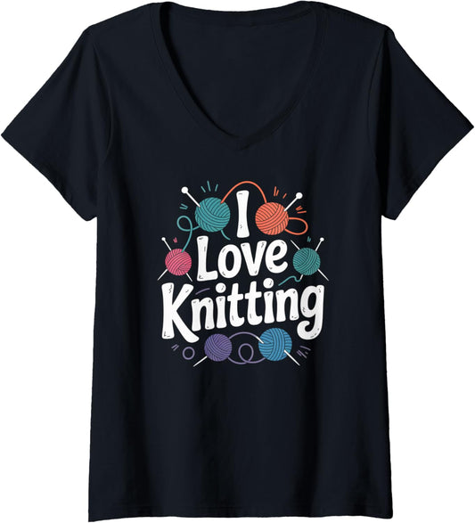 Womens I Love Knitting Enthusiast Yarn Passion V-Neck