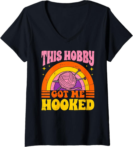 Womens This Hobby Got Me Hooked - Yarn Knitting Crocheting Hobby V-Neck