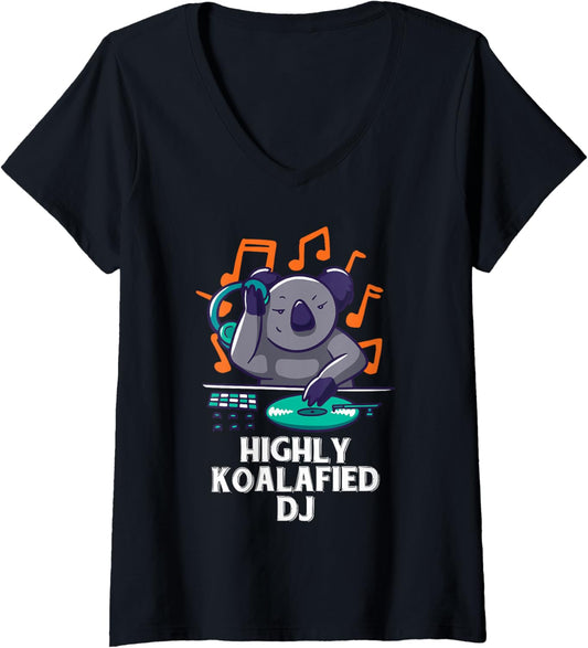 Womens Highly Koalafied DJ Funny Koala Disc Jockey Beat Maker Gifts V-Neck