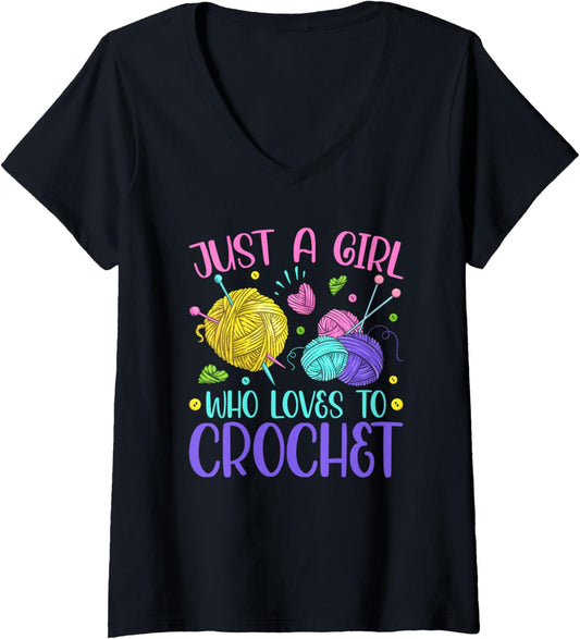 Womens Just A Girl Who Loves To Crochet Yarn Knitting Crocheting V-Neck