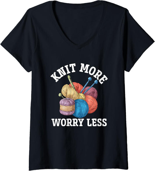 Womens Knit More Worry Less Yarn Relaxation V-Neck