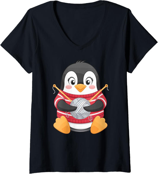 Womens Knitting Penguin Yarn Lover Cute Knit V-Neck