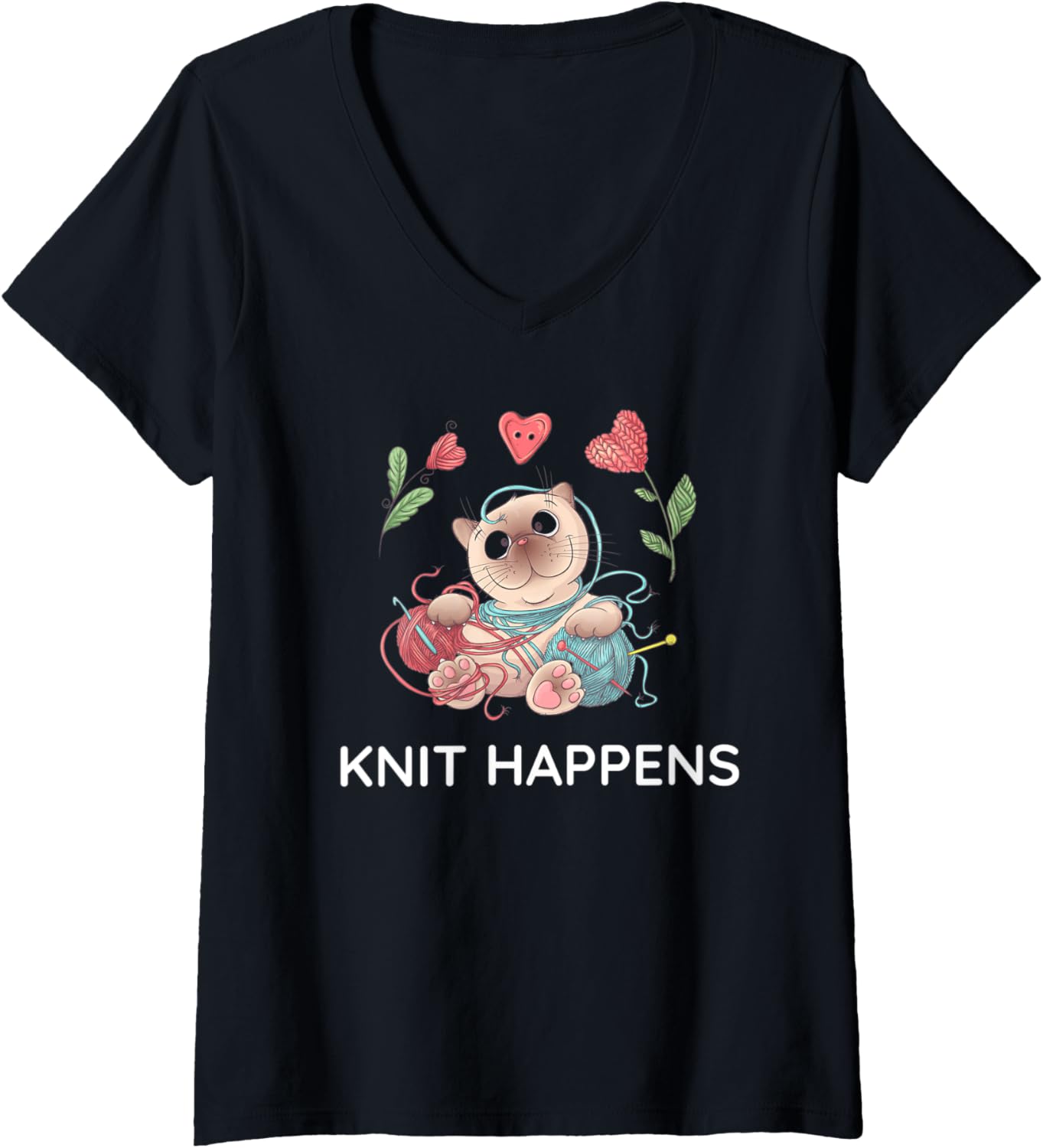 Womens Knit Happens Cute Cat with Balls of Yarn Knitting Design V-Neck