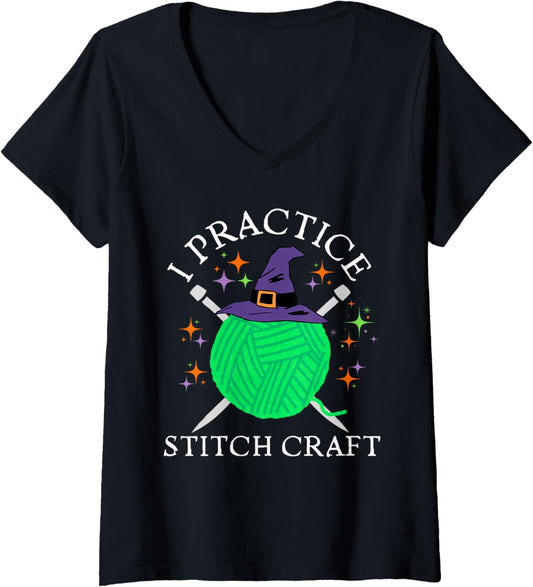 Womens I Practice Stitch Craft Halloween Knitting Knit Yarn Funny V-Neck