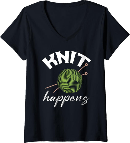 Womens Knit Happens Funny Knitting Lover Yarn Grandma Mother's Day V-Neck