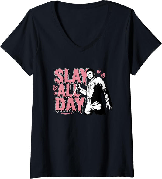 Womens Halloween 2 Valentine's Day Michael Myers Slay All Day Logo V-Neck