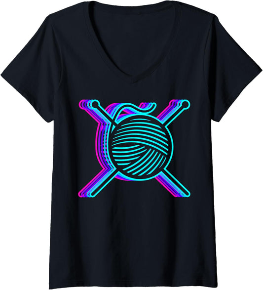 Womens Retro Knitting Knitter Crochet Yarn Vaporwave V-Neck