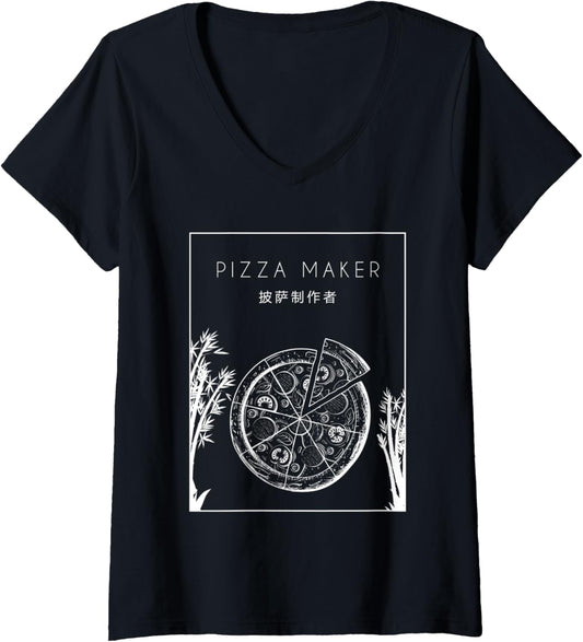 Womens Pizza Maker Chinese Hanzi Chef Baker Pizzaiolo Pizza Maker V-Neck