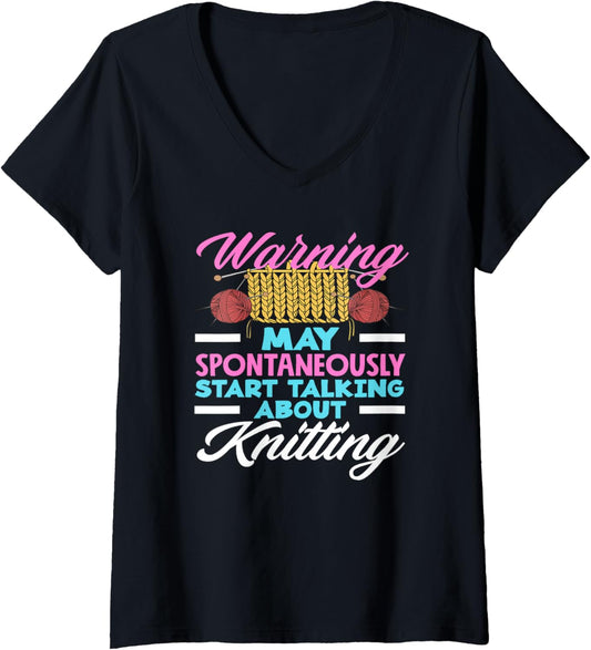 Womens Knitting Warning May Talk About Knitting Yarn Needles V-Neck