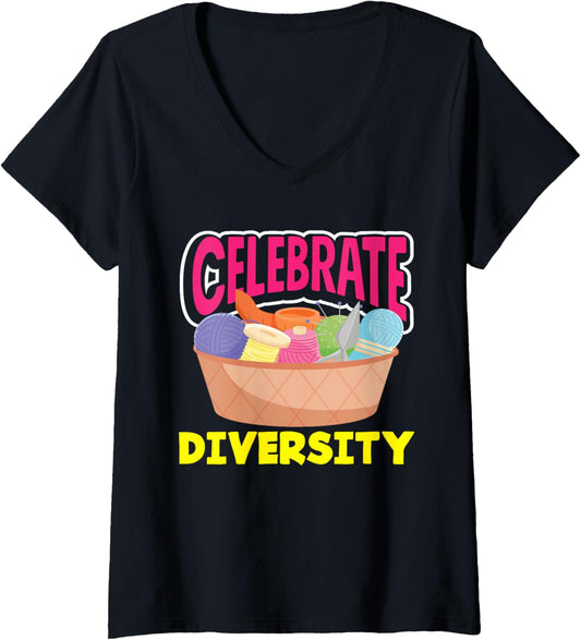 Womens Knitting Celebrate Diversity Yarn Needle Hobby Knitting V-Neck