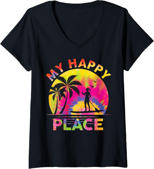 Womens Paddle Board Standup Funny My Happy Place Sub Girl Women V-Neck