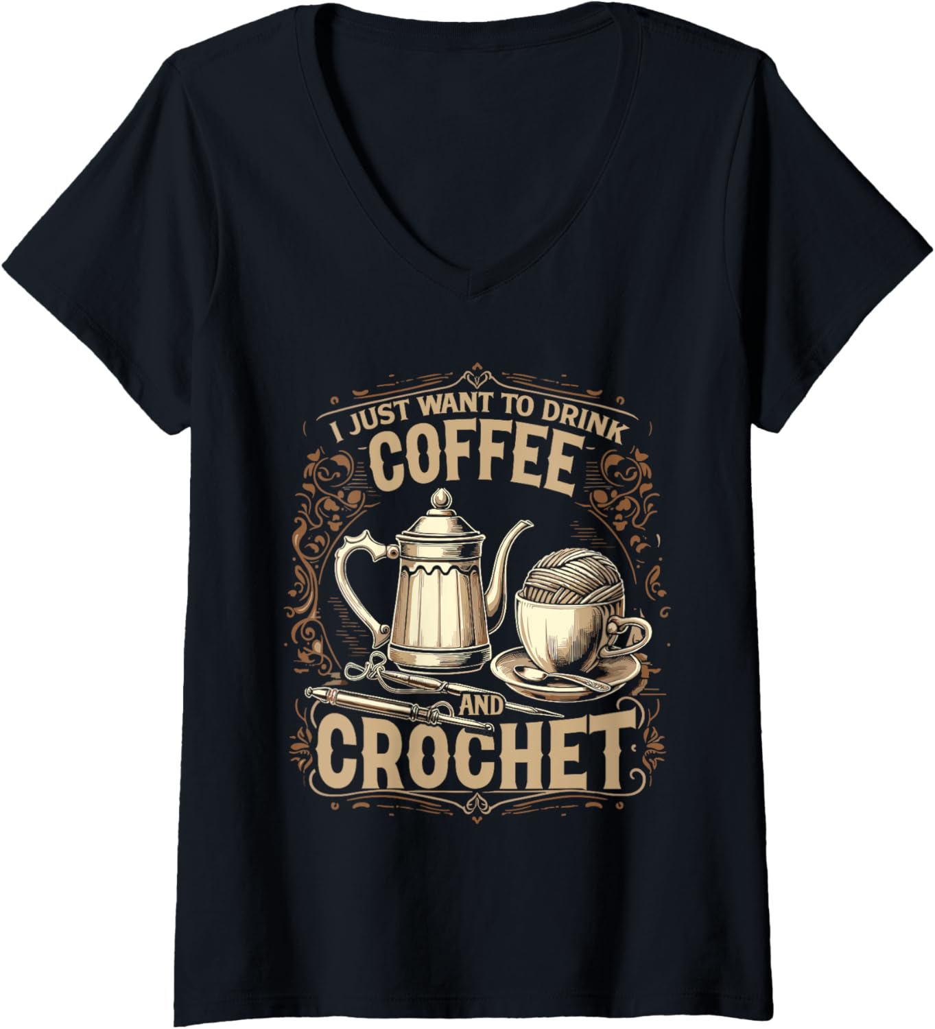 Womens Yarn Coffee Crochet V-Neck