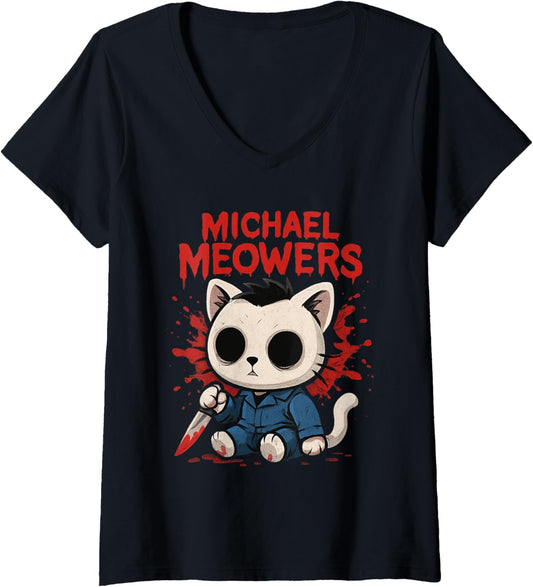 Womens Michael Meowers Halloween Cat Funny Horror Parody Cat Lovers V-Neck