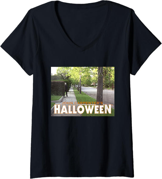 Womens Halloween Michael Myers Behind Bush V-Neck