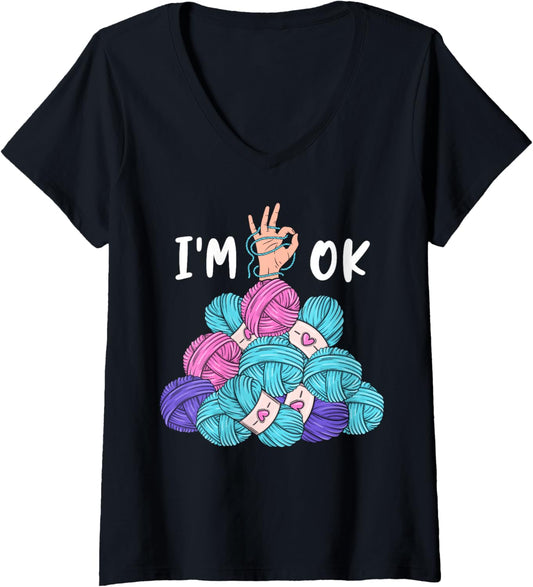 Womens I'm OK Knitting Lover Yarn Enthusiast Knit Crocheting Pun V-Neck
