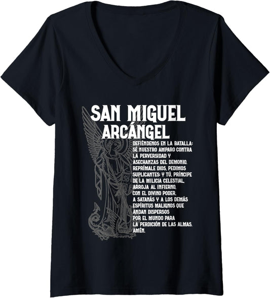 Womens Miguel Arcangel Oracion San St Saint Michael Spanish Espanol V-Neck