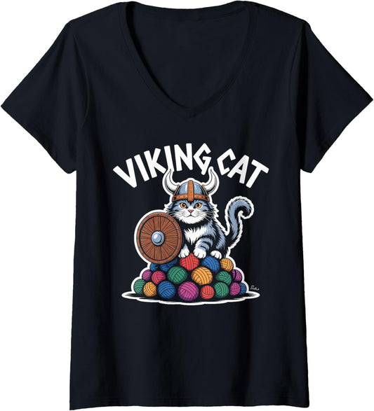 Womens Viking Cat Shield Helmet Yarn Ball Warrior V-Neck