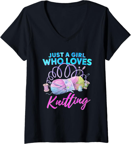 Womens Just A Girl Who Loves Knitting Yarn Crochet Love V-Neck