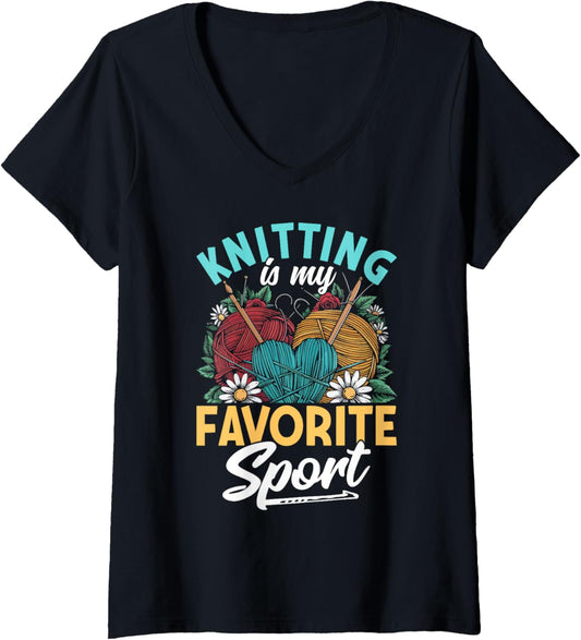 Womens Knitting Is My Favorite Sport Knitting Knitter Yarn Lover V-Neck