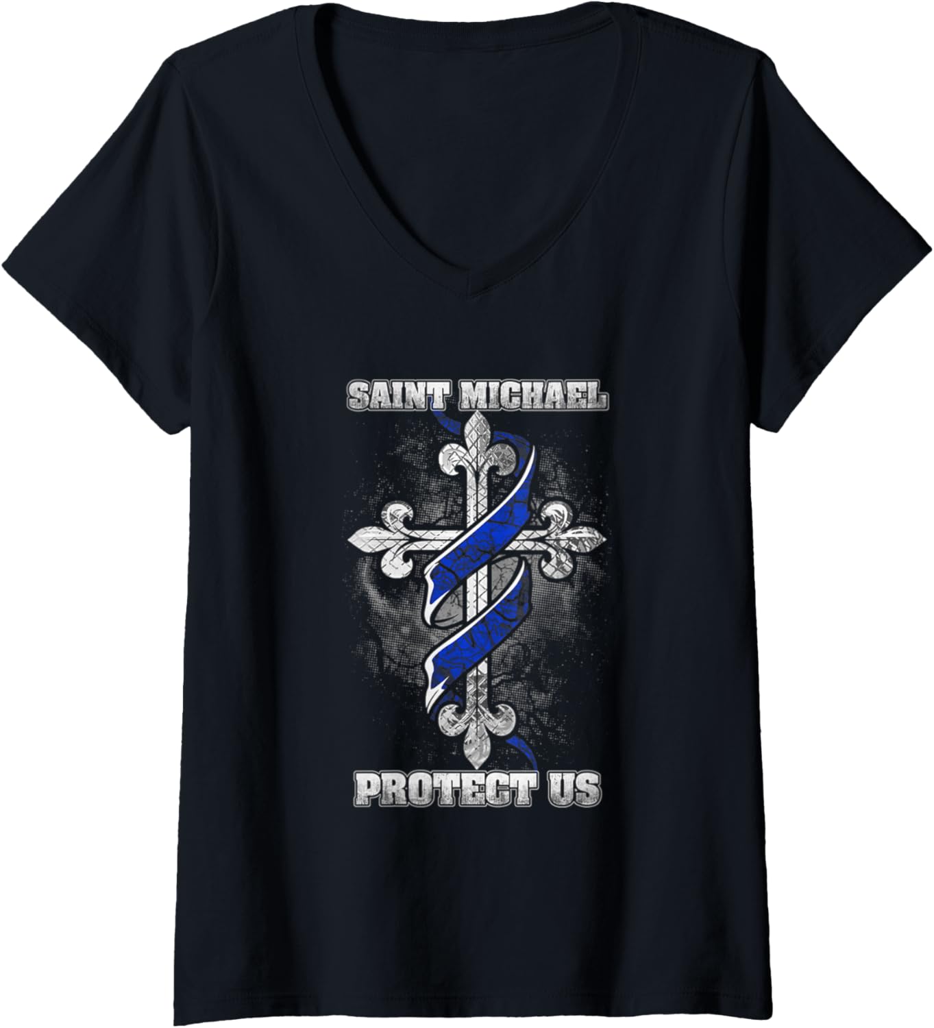 Womens Thin Blue Line St. Michael Protect Us T-shirt V-Neck