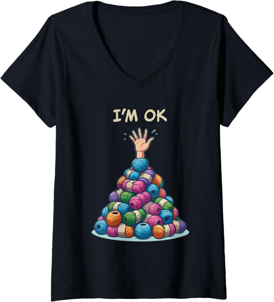 Womens Sewing Girl Knitting Knitter I'm Ok Yarn V-Neck