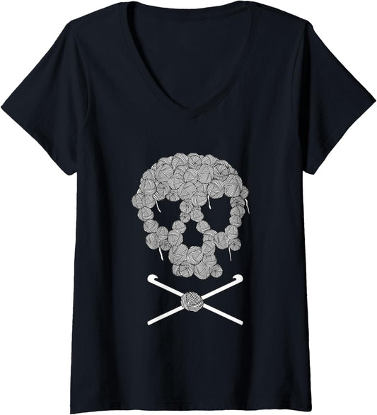 Womens Halloweeen Skull Crochet Lovers Yarn Funny Skeleton gift V-Neck