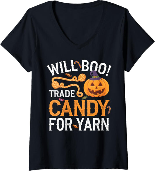 Womens Will Trade Candy For Yarn Pumpkin Halloween Kntting Crochet V-Neck