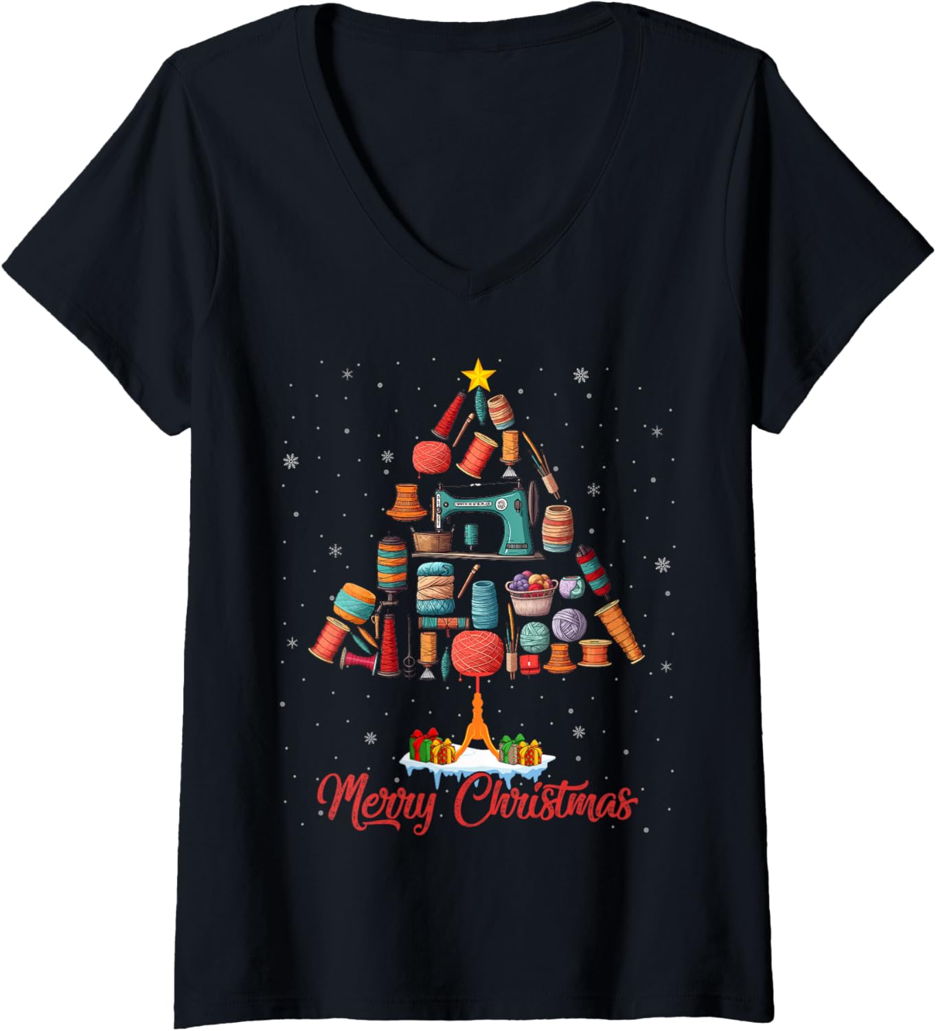 Womens Sewing Machine Tailor Sewing Yarn Quilting Christmas Tree V-Neck