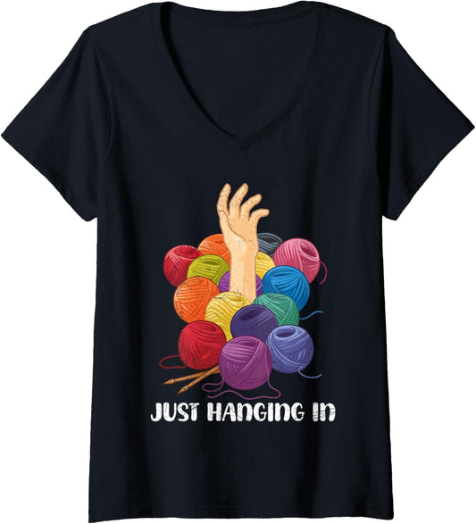 Womens Yarn Collection JUST HANGING IN Funny Yarn Collector V-Neck