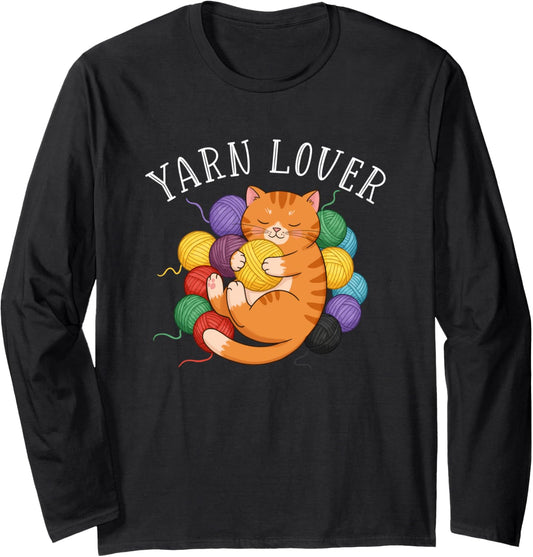 Yarn Lover Cozy Cat Embracing Balls Of Yarn Long Sleeve