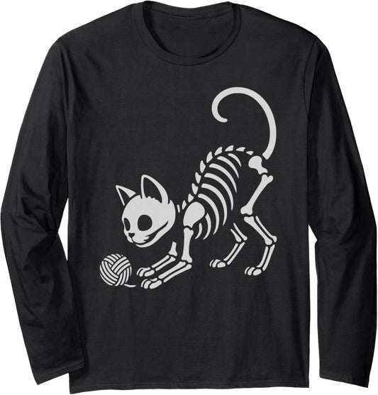 Cute Cat Yarn Skeleton Halloween Mom Dad Kids Long Sleeve
