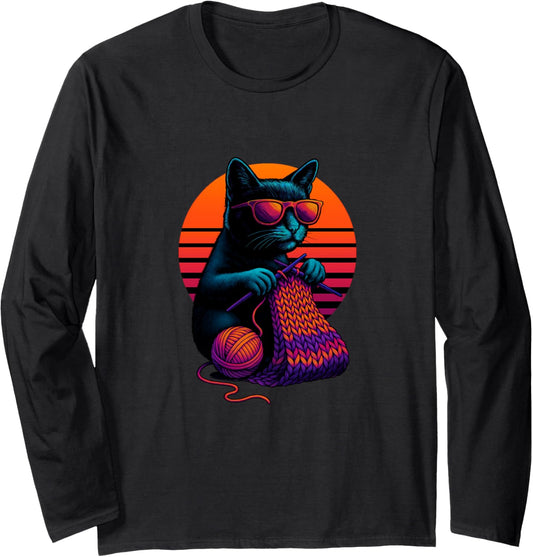 Retro Cat With Yarn Needles Knitting Knitter Long Sleeve