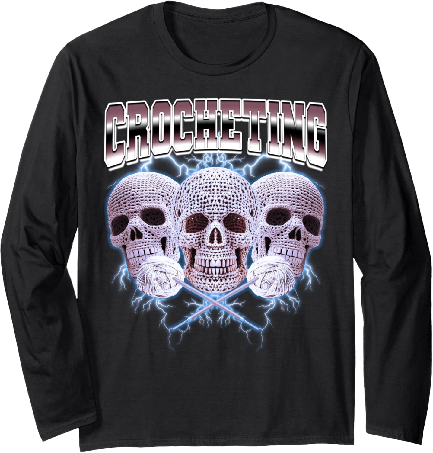 Crocheting Crocheter Crochet Knitting Quilter Skull Yarn 90s Long Sleeve