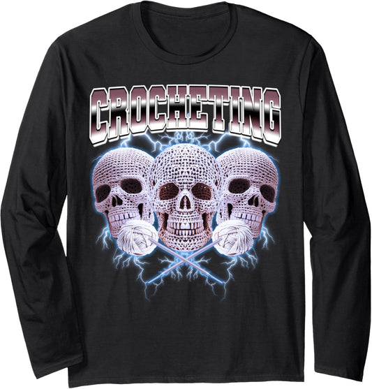 Crocheting Crocheter Crochet Knitting Quilter Skull Yarn 90s Long Sleeve