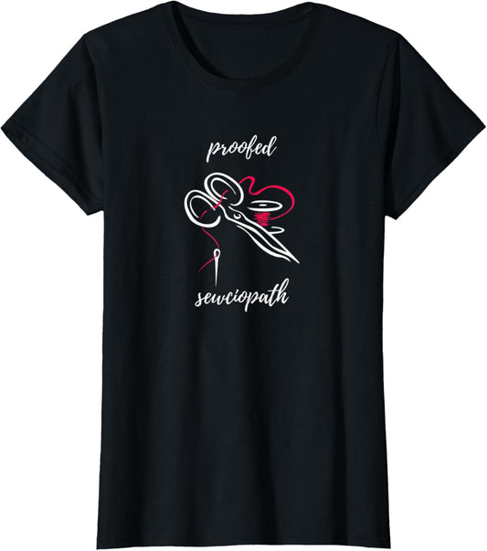 Womens sewciopath sewing with thread, yarn, scissors and sewing