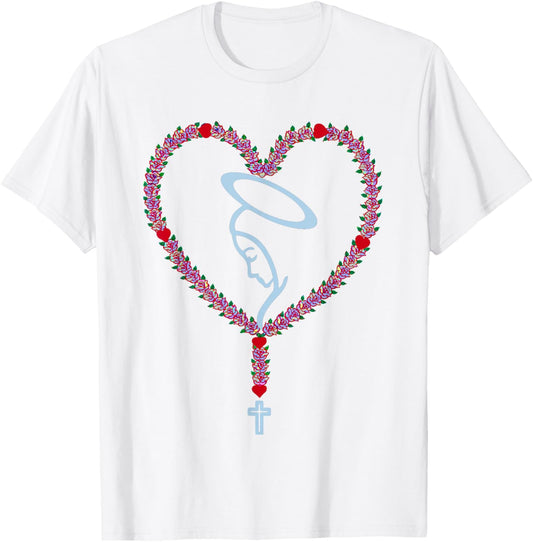 The Holy Rosary Roses Heart T-shirt Virgin Mary Catholics.