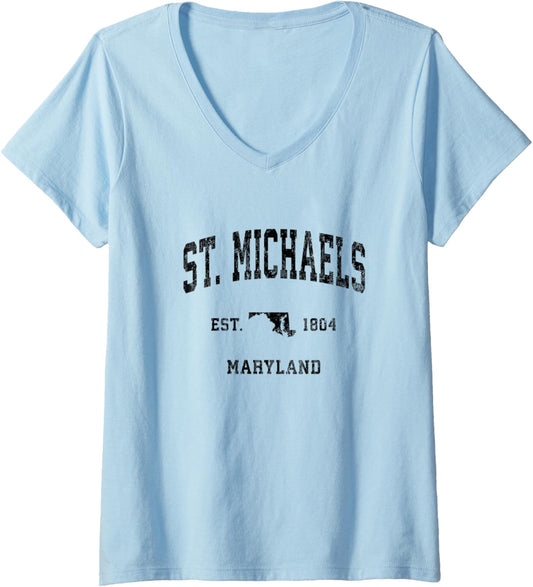 Womens St. Michaels Maryland MD Vintage Athletic Black Sports Desig V-Neck