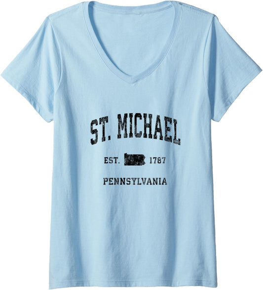 Womens St. Michael Pennsylvania PA Vintage Athletic Black Sports De V-Neck