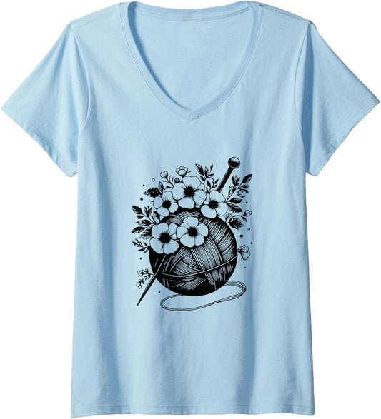 Womens Retro Crafter Mom Graphic design Floral Knitting Yarn Ball V-Neck