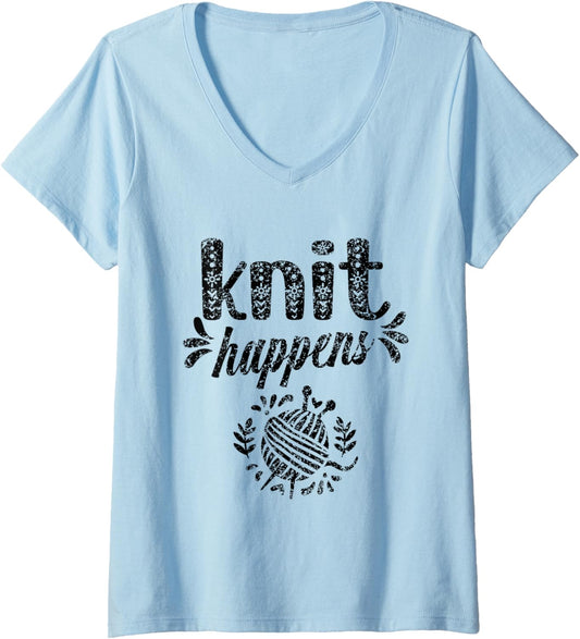 Womens Knit Happens Hobby Yarn Knitting Knitter V-Neck
