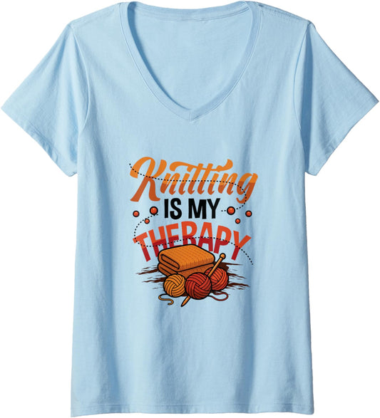 Womens Knitting is My Therapy Yarn Knitting V-Neck