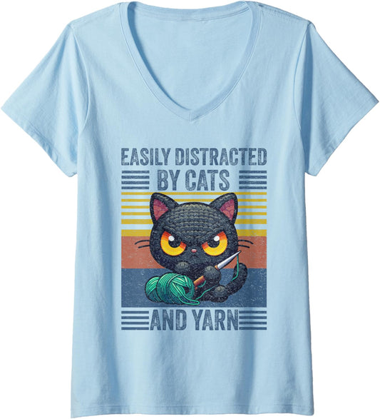 Womens Kitten Lover Crochet | Easily Distracted By Cats And Yarn V-Neck