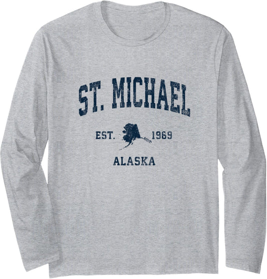 St. Michael Alaska AK Vintage Athletic Navy Sports Design Long Sleeve