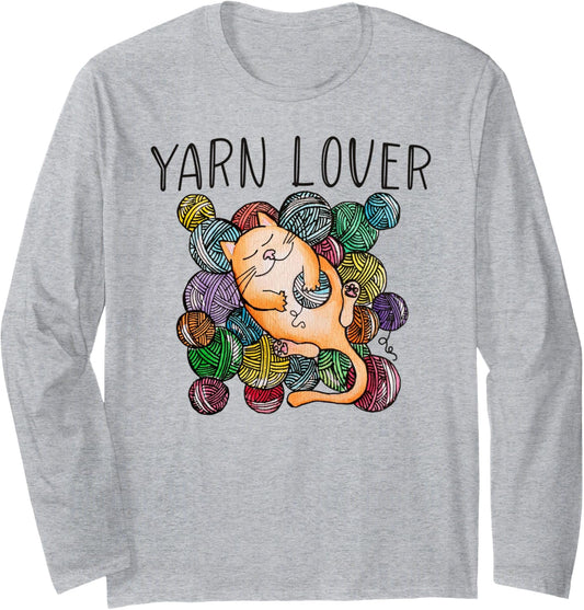 Adorable Knitting and Crochet Happy Cat Yarn Lovers Long Sleeve